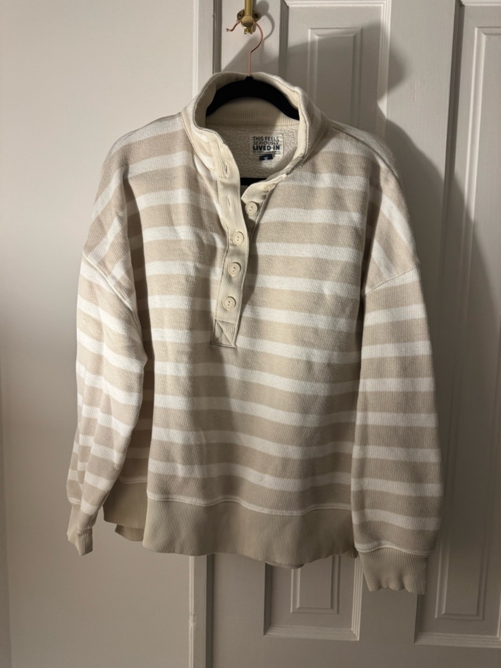 American Eagle Outfitters Beige and White Striped Henley Sweatshirt